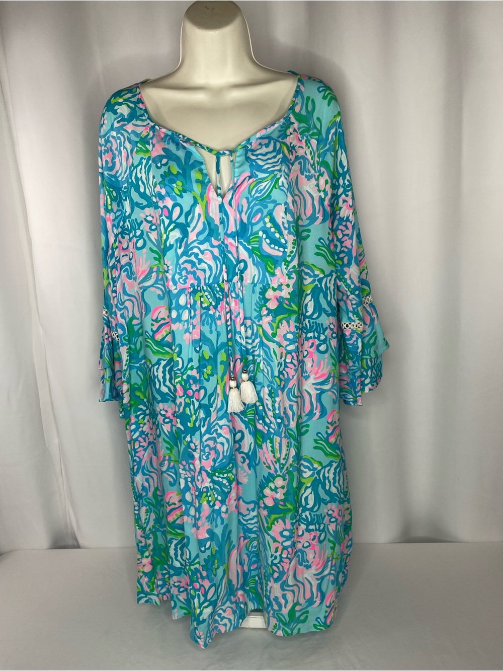 Lilly Pulitzer Large Blue Pink Coral Reef Tassel Shift Dress Bell Sleeve Rayon